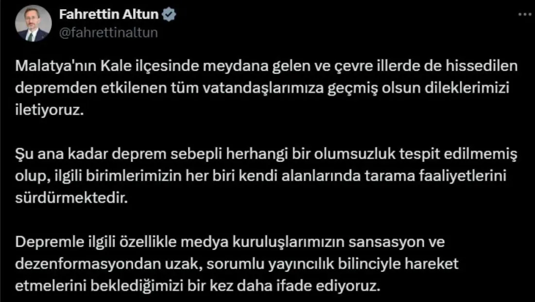 İletişim Başkanı Altun'dan Malatya'daki depremle ilgili açıklama