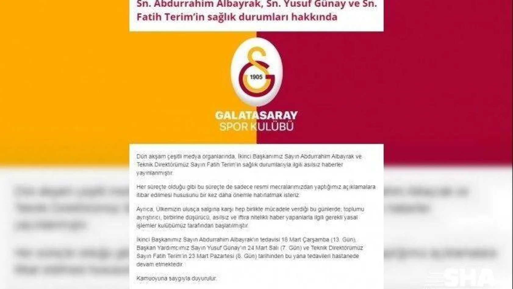 Galatasaray'dan koronavirüs açıklaması: &quotFatih Terim ve Abdurrahim Albayrak..."