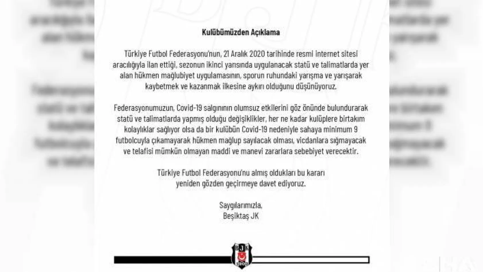 Beşiktaş'tan, TFF'nin hükmen mağlubiyet kararına tepki