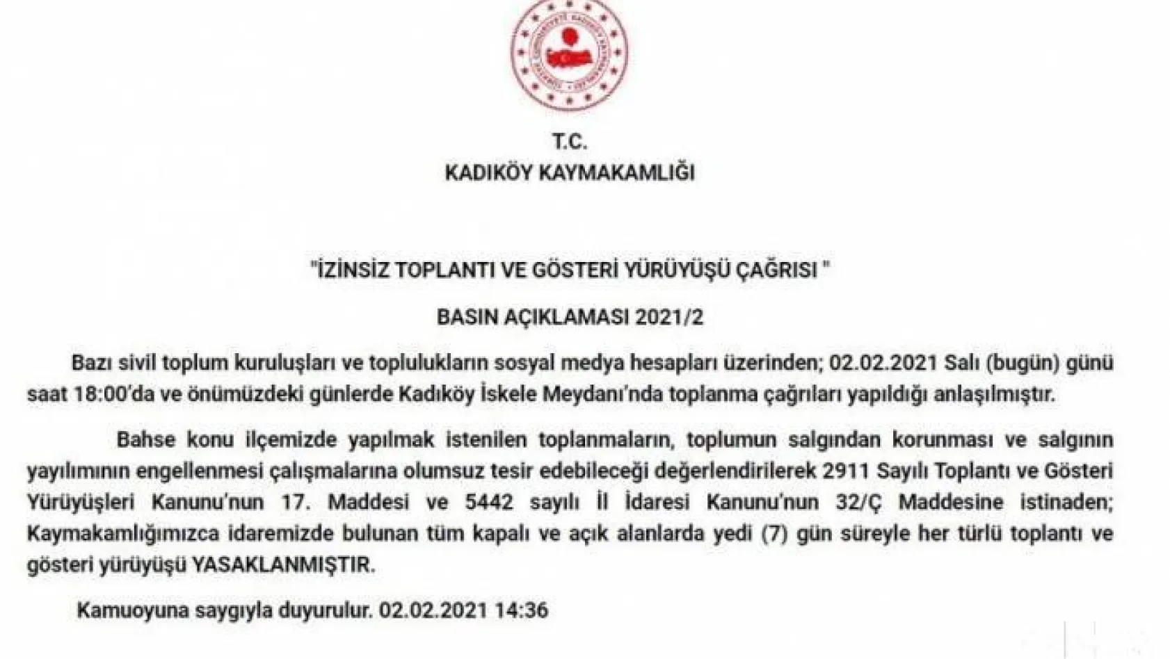 Kadıköy Kaymakamlığı'ndan '7 günlük yasak' açıklaması