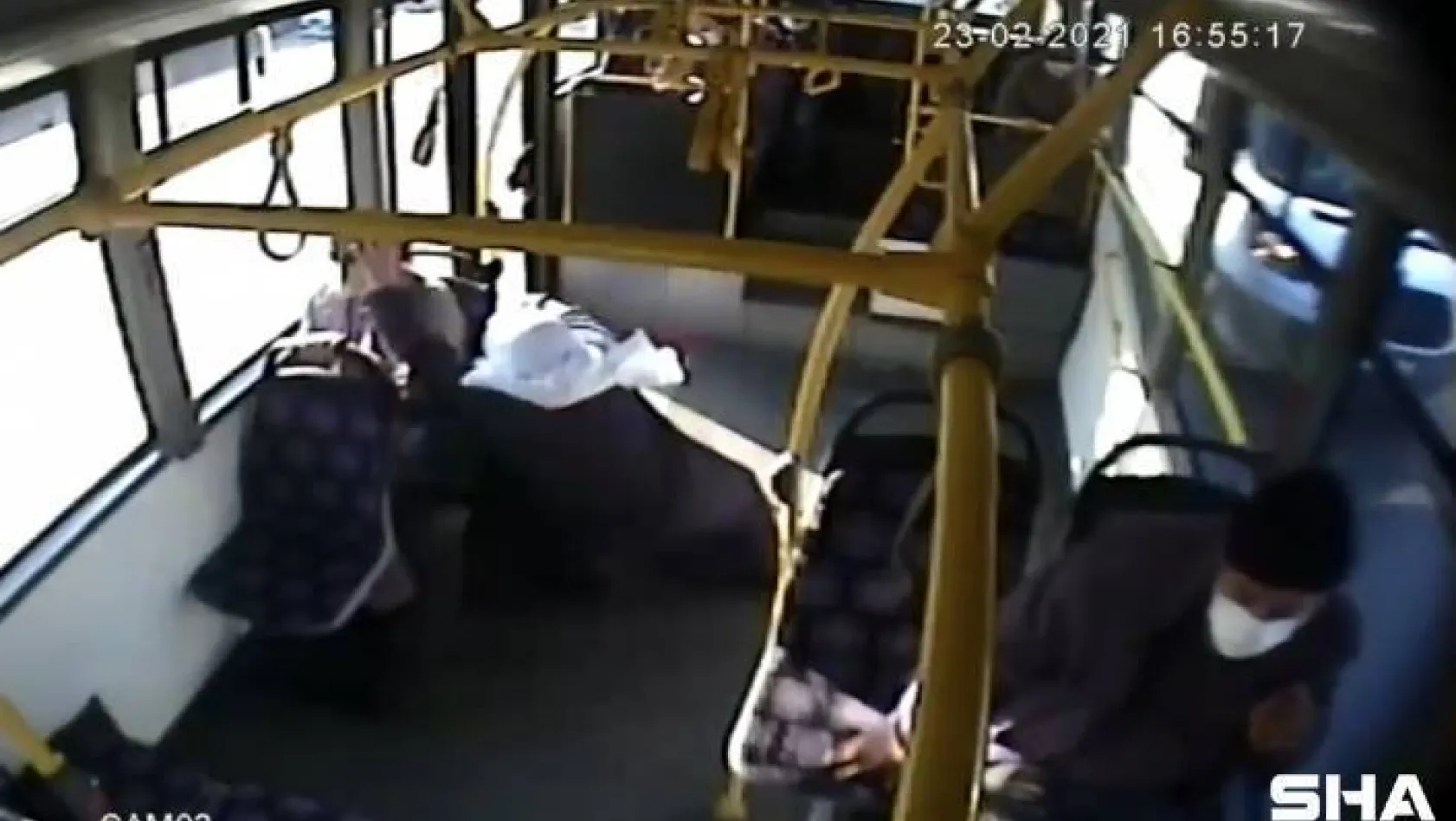 (Özel) Ani firen yapan otobüste savrulup yere düşen yaşlı kadın yaralandı