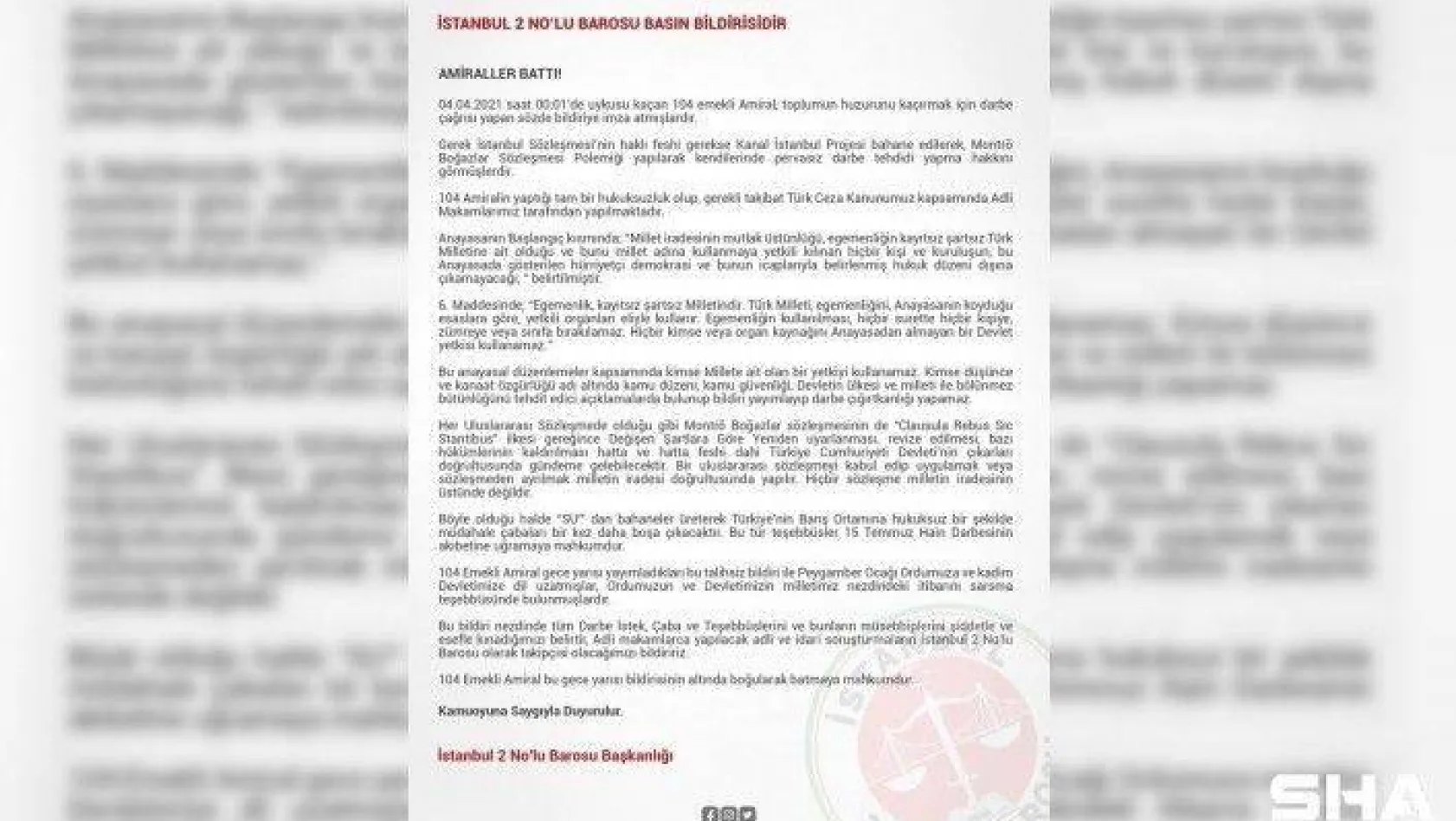 İstanbul 2 No'lu Barosu: &quot104 emekli amiral bildirinin altında boğularak batmaya mahkum"