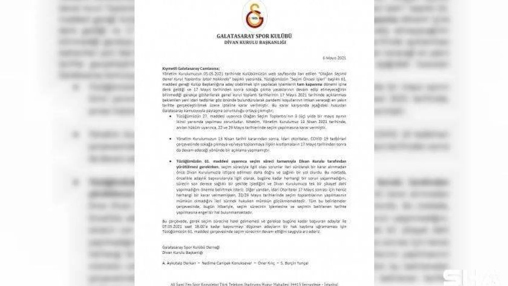 Galatasaray Divan Kurulu Başkanlığı: &quotSeçimin belirlenen tarihte yapılmasına engel bir hal bulunmamaktadır"