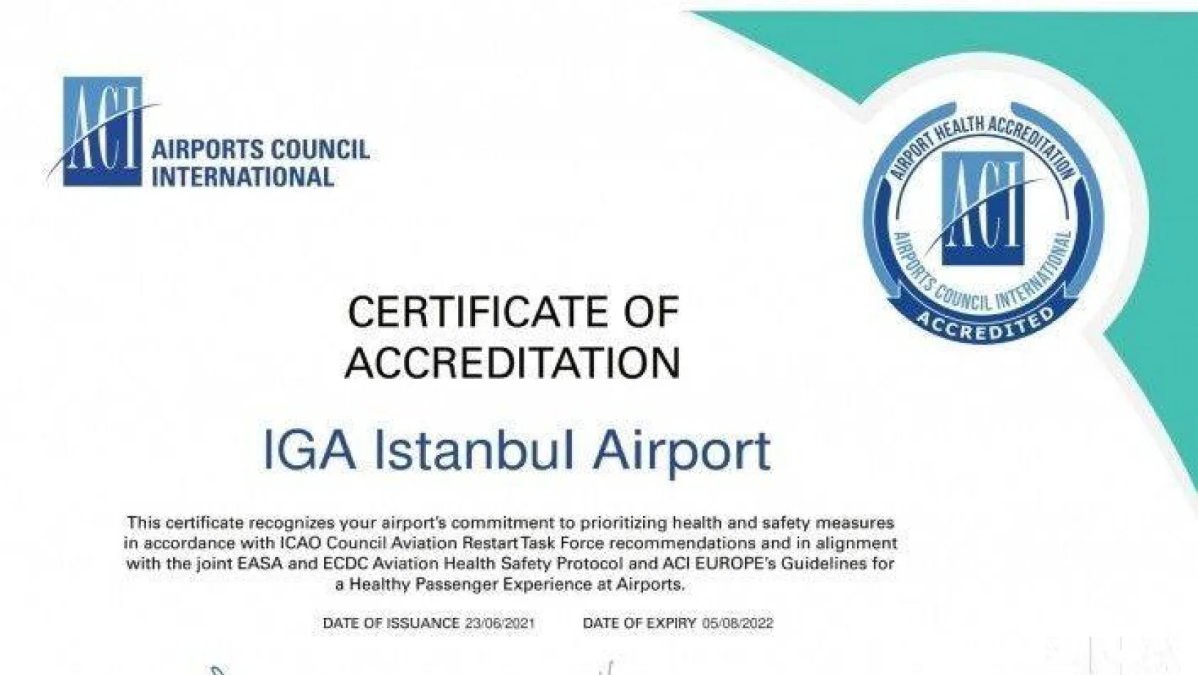 İstanbul Havalimanı'nın 'Havalimanı Sağlık Akreditasyonu' Sertifikası Yenilendi