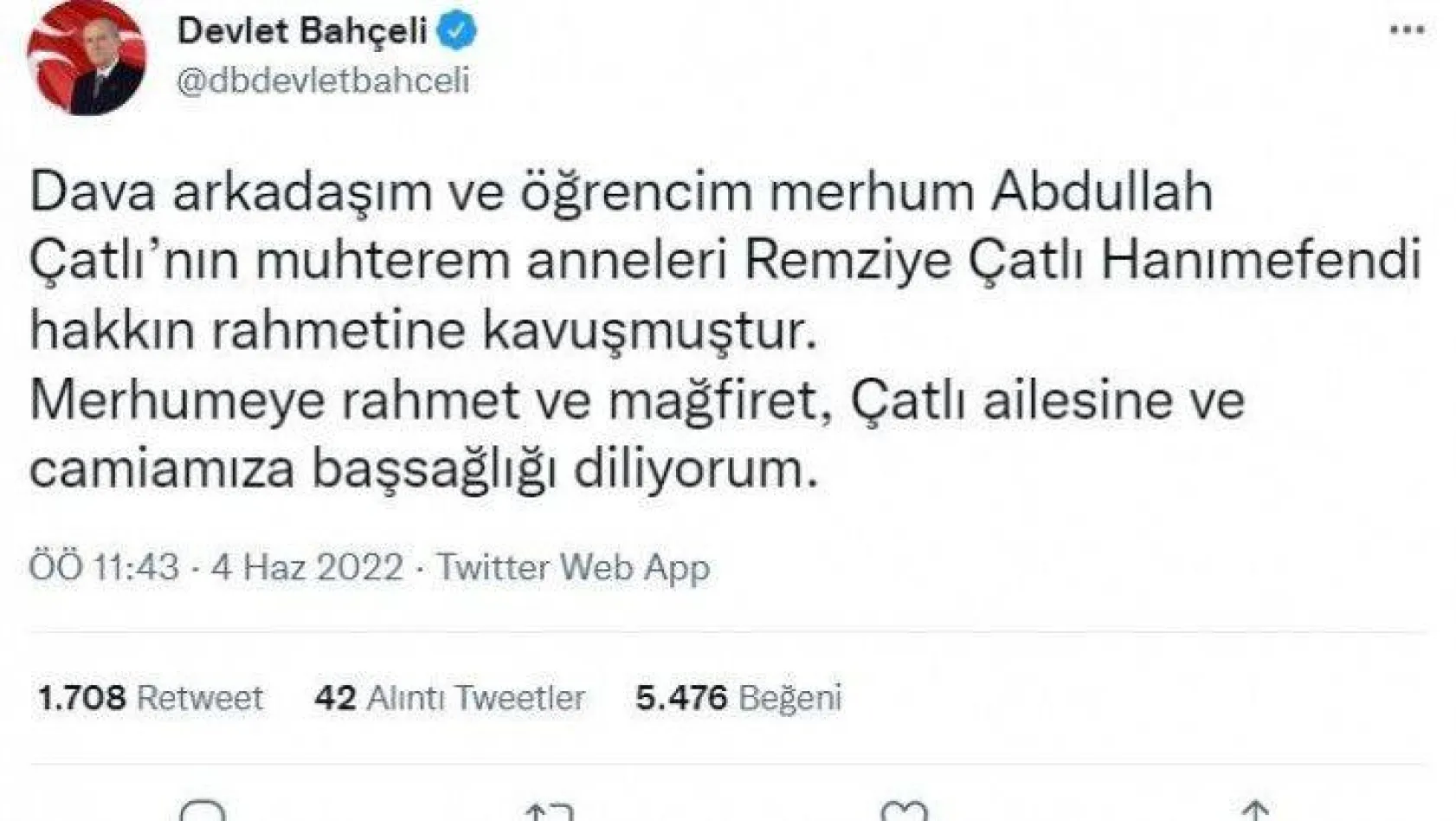 MHP lideri Bahçeli'den, Remziye Çatlı'nın vefatı dolayısıyla başsağlığı mesajı