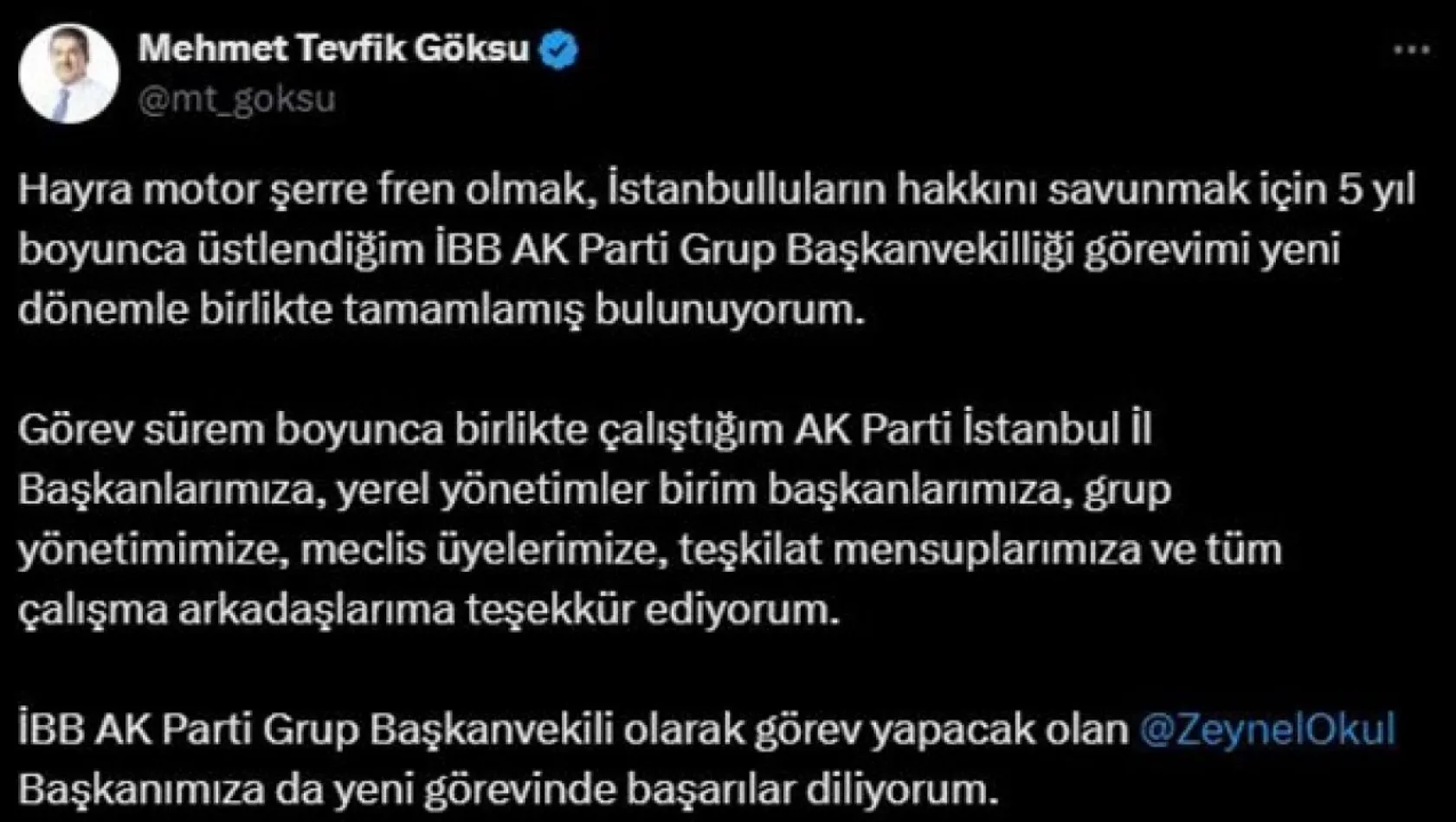 Esenler Belediye Başkanı Tevfik Göksu'nun İBB Meclisi'ndeki AK Parti Grup Başkanvekilliği görevi sona erdi