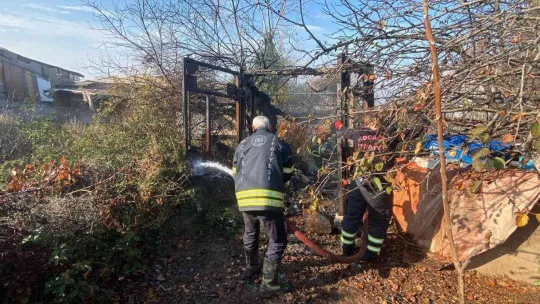 Bahçe içinde depo olarak kullanılan kamyon kasası alev alev yandı