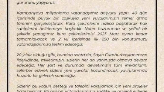Bakan Kurum'dan, 'İlk Evim, İlk İş Yerim' projesine başvuran vatandaşlara teşekkür mektubu