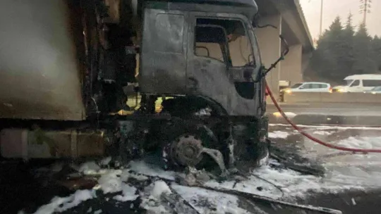 D-100'de çay yüklü tır alev alev yandı