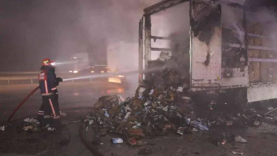 D-650'de tırın dorsesi alev alev yandı