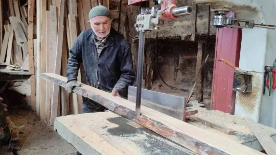 İlerlemiş yaşına rağmen 500 kiloluk tomrukları keresteye dönüştürüyor