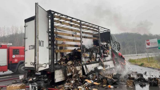 KMO'da tır alevlere teslim oldu, taşıdığı yükler küle döndü