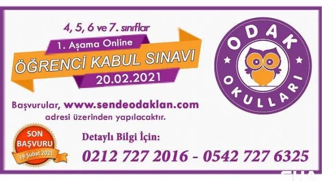 ODAK Okulları, Öğrenci Kabul Sınavı 20 Şubat'ta