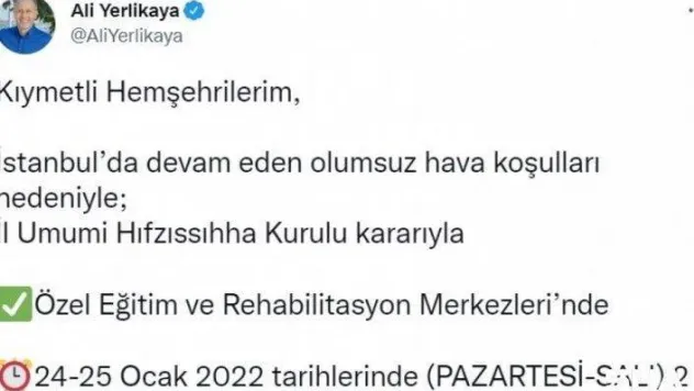 Özel eğitim ve rehabilitasyon merkezlerinde 2 gün eğitime ara verildi