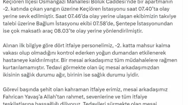 Ankara'da çıkan yangında 1 itfaiye eri şehit oldu