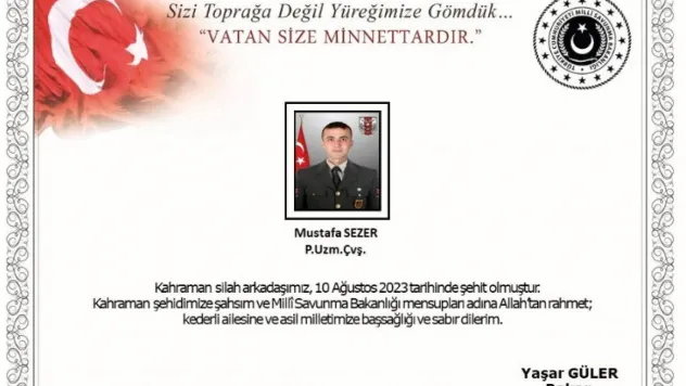 Bakan Güler'den şehit uzman çavuş için taziye mesajı