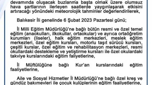 Balıkesir'de okullar tatil edildi