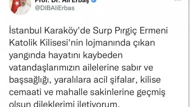 Diyanet İşleri Başkanı Erbaş'tan kilise lojmanındaki yangında vefat edenler için taziye mesajı