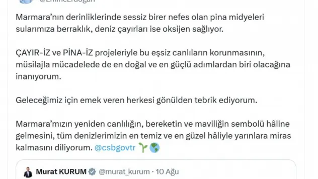Emine Erdoğan'dan Marmara Denizi'nde başlatılan pina midyeleri ve deniz çayırları projesine ilişkin paylaşım:
