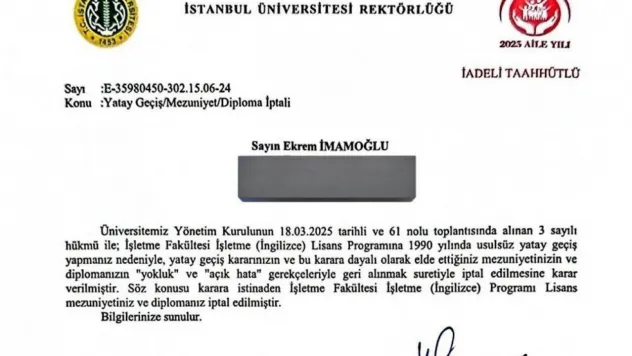 İmamoğlu'nun diplomasının iptali İstanbul Üniversitesi tarafından tebliğ edildi