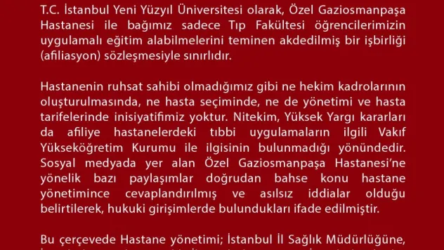 İstanbul Yeni Yüzyıl Üniversitesinden sosyal medyadaki iddialarla ilgili açıklama