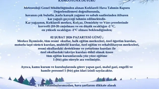Kırklareli merkez, Kofçaz, Demirköy ve Vize'de eğitime 1 gün ara verildi