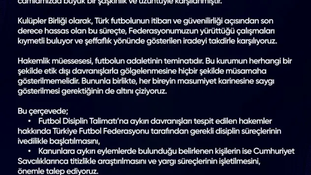 Kulüpler Birliği'nden TFF'ye destek