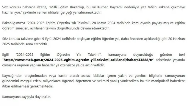 MEB'den erken yaz tatili iddialarına yalanlama