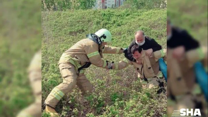 Dikenli otlar arasında mahsur kalan adamı itfaiye sırtında taşıyarak kurtardı