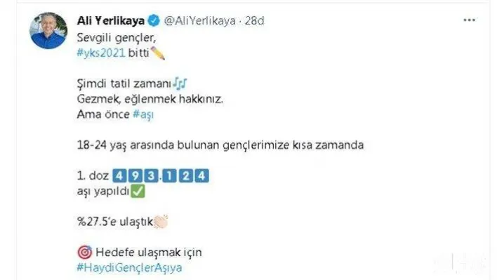 İstanbul Valisi Ali Yerlikaya'dan gençlere aşı çağrısı