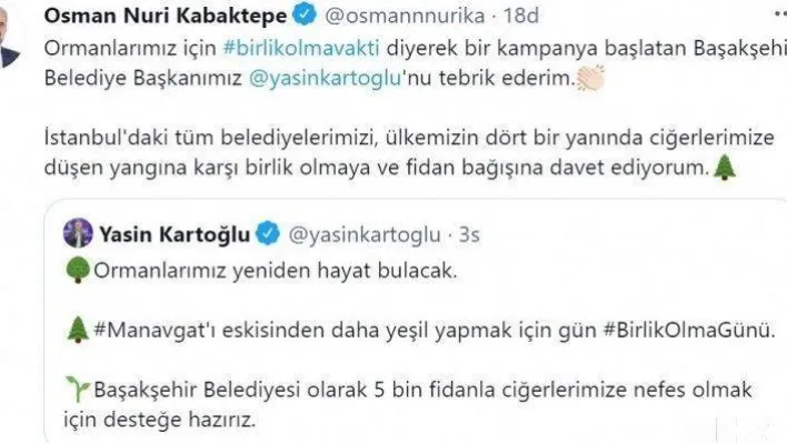 AK Parti İstanbul İl Başkanı Kabaktepe'den orman yangınlarına karşı anlamlı çağrı