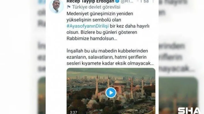 Cumhurbaşkanı Erdoğan'dan Ayasofya paylaşımı