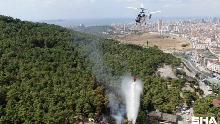 Başıbüyük Ormanı içerisinde çıkan yangın havadan görüntülendi