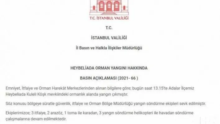 İstanbul Valiliği: &quotYangına 3 helikopter ile müdahale ediliyor"