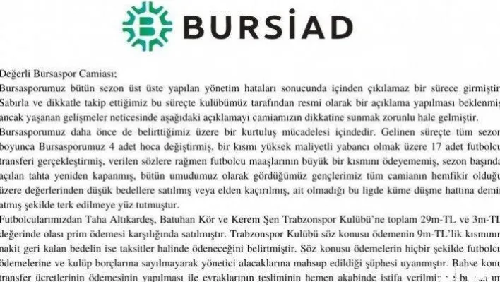 BURSİAD: 'Bursasporumuza yapılacak en büyük ihanet olacaktır'