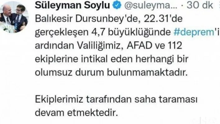 İçişleri Bakanı Soylu: 'Geçmiş olsun Balıkesir'