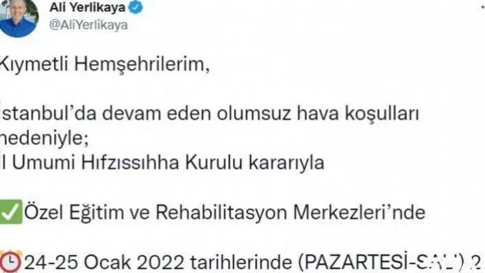 Özel eğitim ve rehabilitasyon merkezlerinde 2 gün eğitime ara verildi