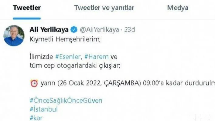 Vali Yerlikaya: 'Otogarlardan çıkış yarın saat 09.00'a kadar durduruldu'