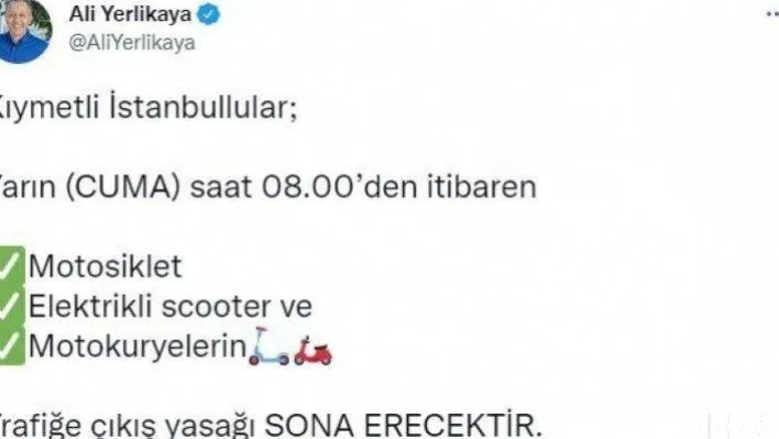 Vali Yerlikaya'dan motosikletlilerin trafiğe çıkış yasağıyla ilgili paylaşım