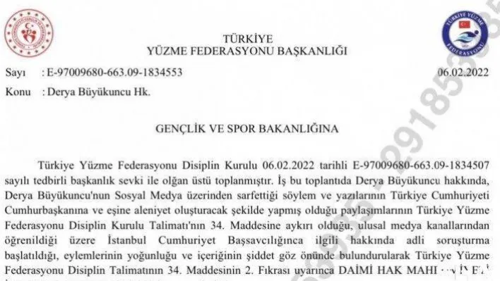 Türkiye Yüzme Federasyonu'ndan, Derya Büyükuncu'ya daimi hak mahrumiyeti