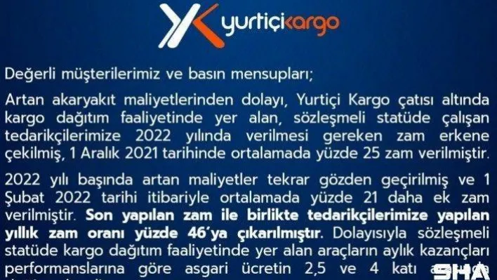Yurtiçi Kargo'dan personele yapılan zamma ilişkin açıklama