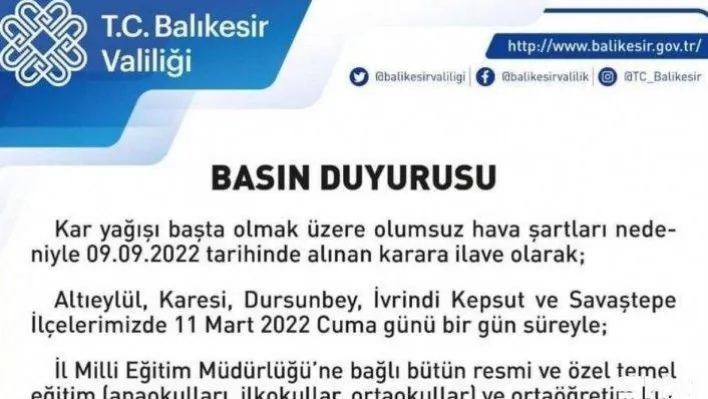 Balıkesir'de 6 ilçeye daha kar tatili