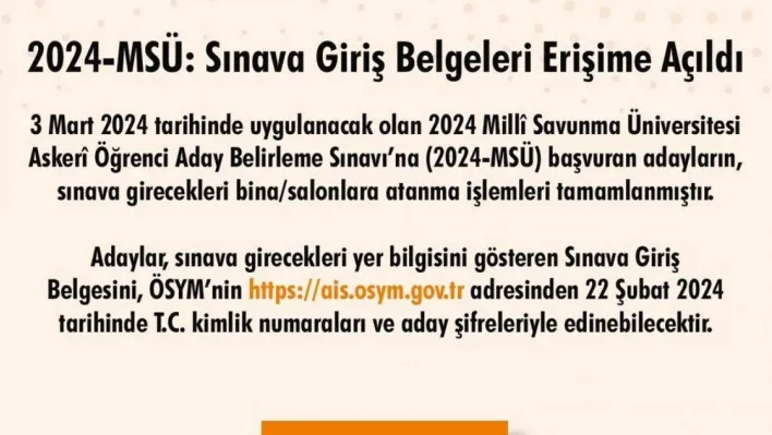 2024-MSÜ sınava giriş belgeleri erişime açıldı