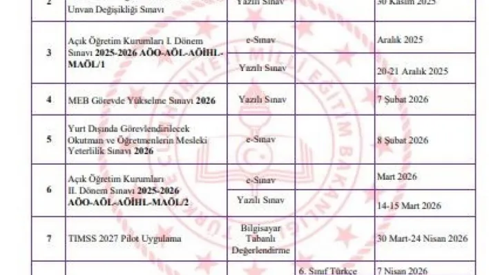 2026 yılı sınav uygulama takvimi yayımlandı