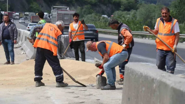 25 ton tavuk yemi D-650'ye savrulmuştu: Kapalı olan yol 2 saat sonra ulaşıma açıldı