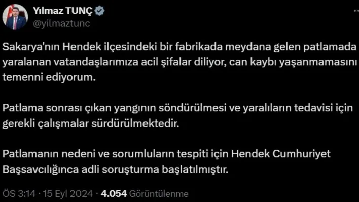 Adalet Bakanı Tunç: 'Patlamanın sebebi ve sorumluların tespiti için adli soruşturma başlatılmıştır'