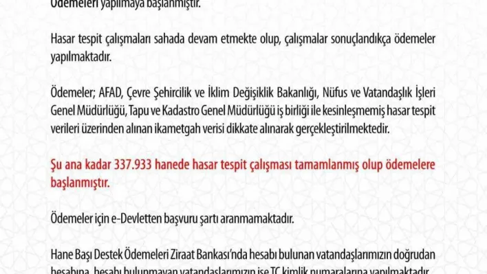 AFAD, konutları hasar gören depremzedelere 10 bin lira destek ödemesi başlatıldığını duyurdu