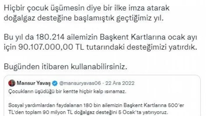 Ankara Büyükşehir'den 180 bin aileye doğal gaz desteği