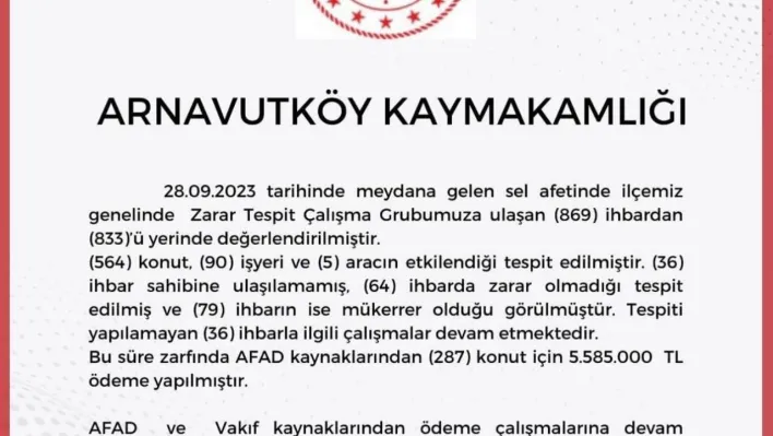 Arnavutköy Kaymakamlığı 28 Eylül'de yaşanan selle ilgili bilançoyu açıkladı