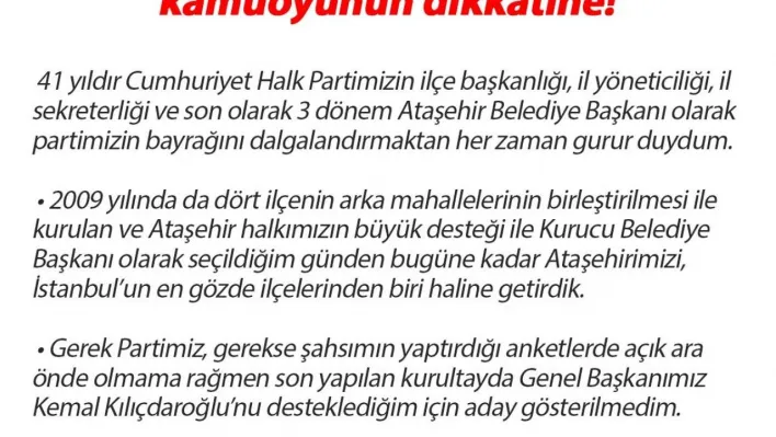 Ataşehir Belediye Başkanı Battal İlgezdi: 'Battal İlgezdi aday gösterilmediği için istifa etmedi, CHP'nin kurumsal kimlik ve hiyerarşisini korumak adına istifa etti'